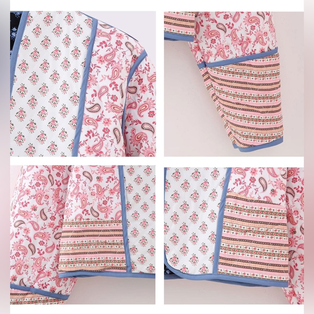 Cropped Puffer Jacket Stand Collar Floral Printed Open Front Quilted Lightweight - Picture 7 of 15